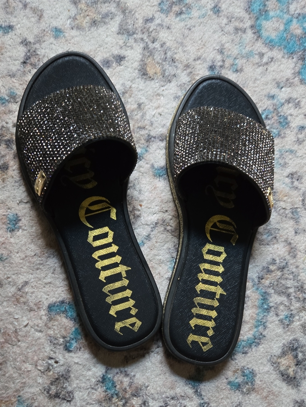 Juicy Couture Black and Gold Glitter Slip-On Slides